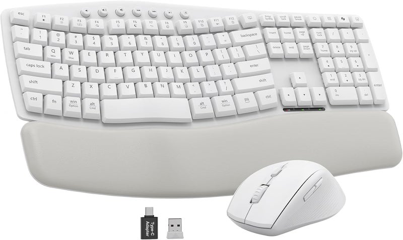 SABLUTE White Wireless Keyboard and Mouse Combo for MacBook & Windows, 30dB Quiet Ergonomic Keyboard Set with Wave Keys & Soft Palm Rest, Silent Typing, Dual-System Switch, Ideal for Home Office— - Image 1